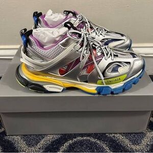 Balenciaga Silver and Red Sneakers with Yellow Accents